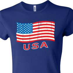 Distressed USA Flag Ladies Crewneck Shirt
