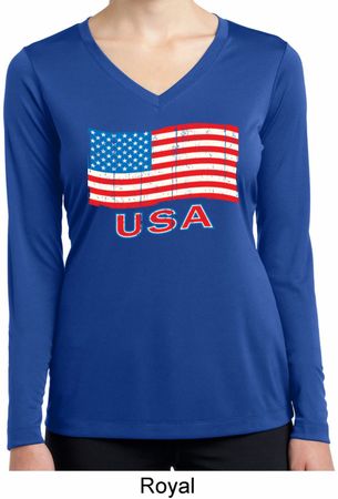 Distressed USA Flag Ladies Dry Wicking Long Sleeve Shirt