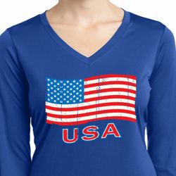 Distressed USA Flag Ladies Dry Wicking Long Sleeve Shirt