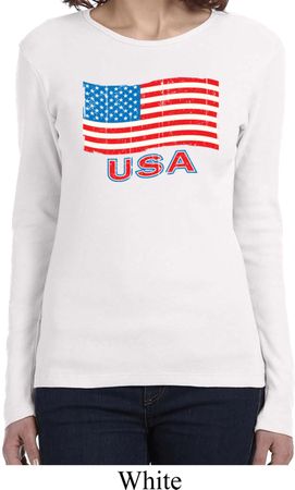 Distressed USA Flag Ladies Long Sleeve Shirt