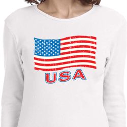 Distressed USA Flag Ladies Long Sleeve Shirt
