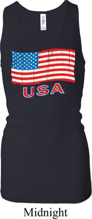 Distressed USA Flag Ladies Longer Length Racerback Tank Top