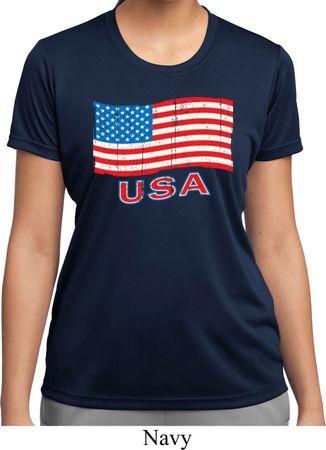 Distressed USA Flag Ladies Moisture Wicking Shirt