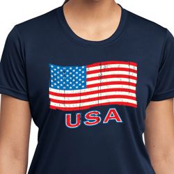 Distressed USA Flag Ladies Moisture Wicking Shirt