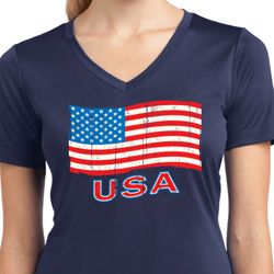 Distressed USA Flag Ladies Moisture Wicking V-neck Shirt