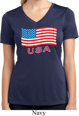 Distressed USA Flag Ladies Moisture Wicking V-neck Shirt