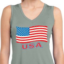Distressed USA Flag Ladies Sleeveless Moisture Wicking Shirt