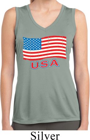 Distressed USA Flag Ladies Sleeveless Moisture Wicking Shirt