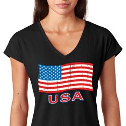 Distressed USA Flag Ladies Tri Blend V-Neck Shirt
