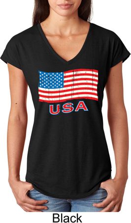 Distressed USA Flag Ladies Tri Blend V-Neck Shirt
