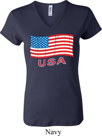Distressed USA Flag Ladies V-neck Shirt