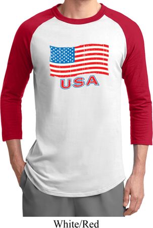 Distressed USA Flag Mens Raglan Shirt