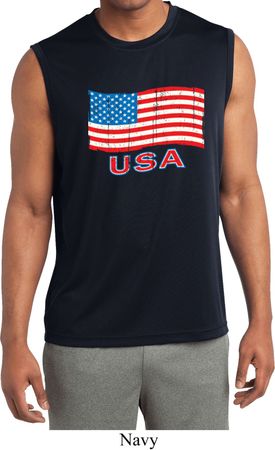 Distressed USA Flag Mens Sleeveless Moisture Wicking Shirt