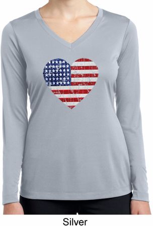 Distressed USA Heart Ladies Dry Wicking Long Sleeve Shirt