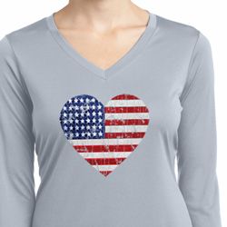 Distressed USA Heart Ladies Dry Wicking Long Sleeve Shirt