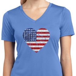 Distressed USA Heart Ladies Moisture Wicking V-neck Shirt