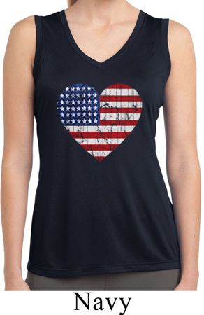 Distressed USA Heart Ladies Sleeveless Moisture Wicking Shirt