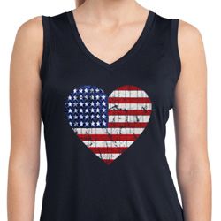 Distressed USA Heart Ladies Sleeveless Moisture Wicking Shirt