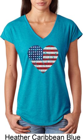 Distressed USA Heart Ladies Tri Blend V-Neck Shirt