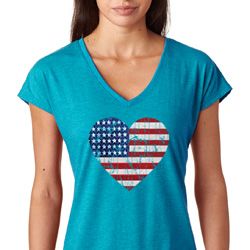 Distressed USA Heart Ladies Tri Blend V-Neck Shirt