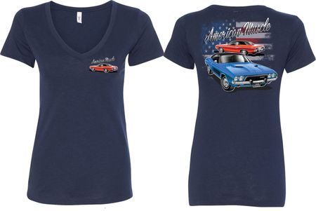Dodge American Muscle Blue and Red (Front & Back) Ladies V-neck