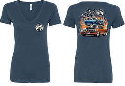 Dodge Blue and Orange Super Bee (Front & Back) Ladies V-neck Dodge Blue and Orange Super Bee (Front & Back) Ladies V-neck