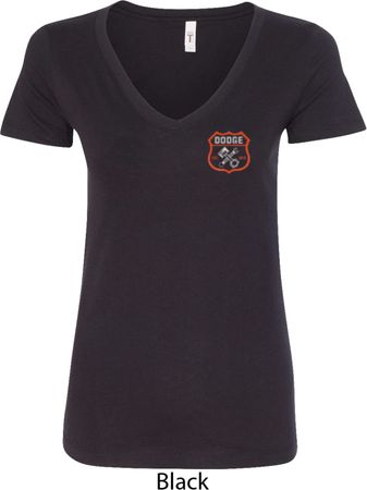 Dodge Garage Pocket Print Ladies V-Neck Shirt