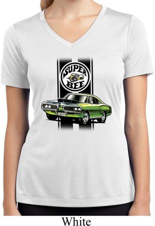 Dodge Green Super Bee Ladies White Moisture Wicking V-neck Shirt