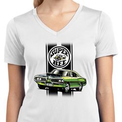 Dodge Green Super Bee Ladies White Moisture Wicking V-neck Shirt Dodge Green Super Bee Ladies White Moisture Wicking V-neck Shirt