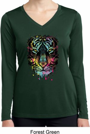 Dripping Neon Tiger Ladies Moisture Wicking Long Sleeve Shirt