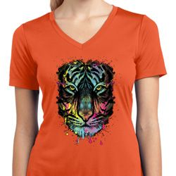 Dripping Neon Tiger Ladies Moisture Wicking V-neck Shirt Dripping Neon Tiger Ladies Moisture Wicking V-neck Shirt