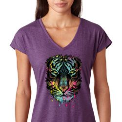 Dripping Neon Tiger Ladies Tri Blend V-Neck Shirt Dripping Neon Tiger Ladies Tri Blend V-Neck Shirt