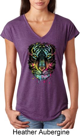 Dripping Neon Tiger Ladies Tri Blend V-Neck Shirt