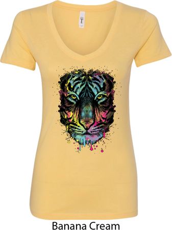 Dripping Neon Tiger Ladies V-Neck Shirt
