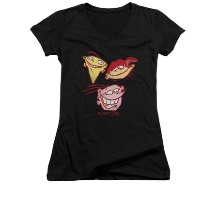 Ed, Edd N Eddy Shirt Juniors V Neck Three Heads Black Tee T-Shirt