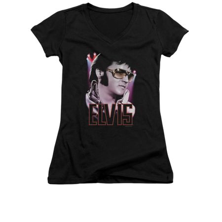 Elvis Presley Shirt Juniors V Neck 70's Star Poster Black T-Shirt