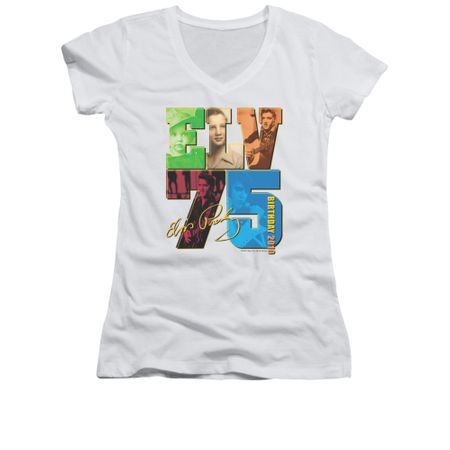 Elvis Presley Shirt Juniors V Neck 75 Year Birthday White T-Shirt