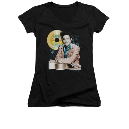 Elvis Presley Shirt Juniors V Neck Gold Record Black T-Shirt