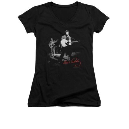 Elvis Presley Shirt Juniors V Neck In The Spot Light Guitar Black T-Shirt