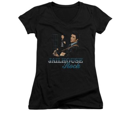 Elvis Presley Shirt Juniors V Neck Jailhouse Rock Inmate Black T-Shirt