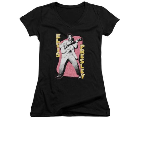Elvis Presley Shirt Juniors V Neck Pink Rock Black T-Shirt