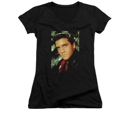 Elvis Presley Shirt Juniors V Neck Red Scarf Black T-Shirt