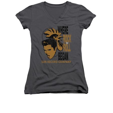 Elvis Presley Shirt Juniors V Neck Rooster Charcoal T-Shirt