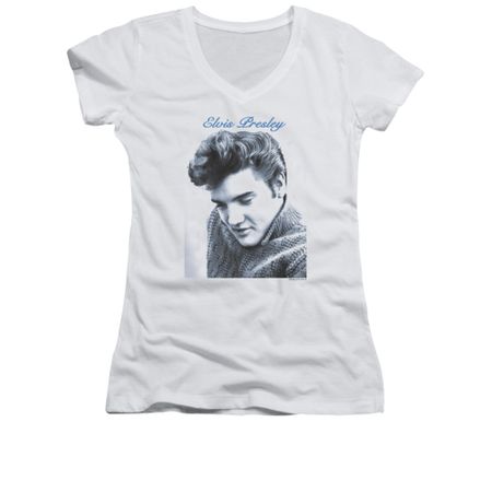 Elvis Presley Shirt Juniors V Neck Script Sweater White T-Shirt