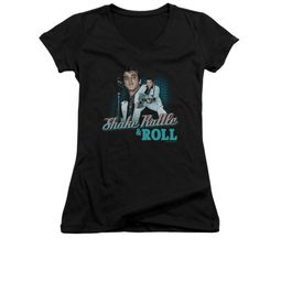 Elvis Presley Shirt Juniors V Neck Shake Rattle And Roll Black T-Shirt Elvis Presley Shirt Juniors V Neck Shake Rattle And Roll Black T-Shirt