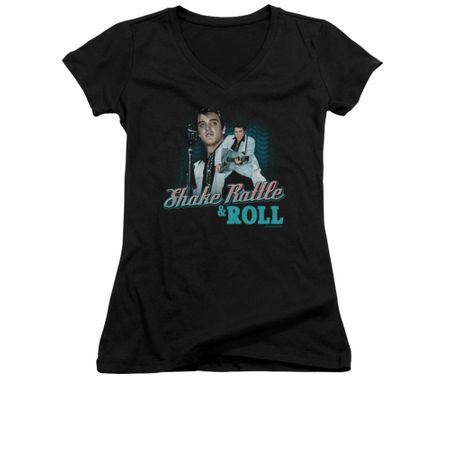 Elvis Presley Shirt Juniors V Neck Shake Rattle And Roll Black T-Shirt