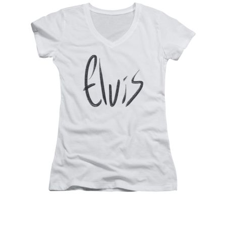 Elvis Presley Shirt Juniors V Neck Sketchy Name White T-Shirt