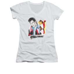 Elvis Presley Shirt Juniors V Neck Speedway White T-Shirt Elvis Presley Shirt Juniors V Neck Speedway White T-Shirt