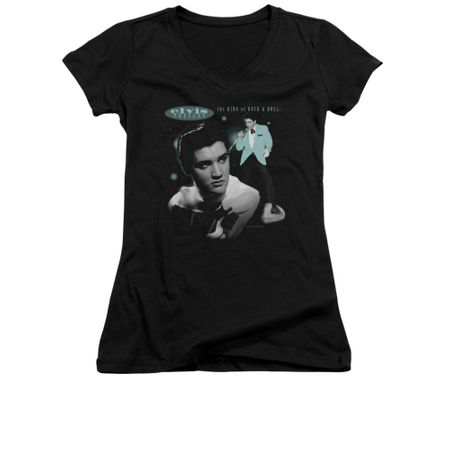 Elvis Presley Shirt Juniors V Neck Teal Potrait Black T-Shirt