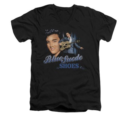 Elvis Presley Shirt Slim Fit V-Neck Blue Suede Shoes Black T-Shirt